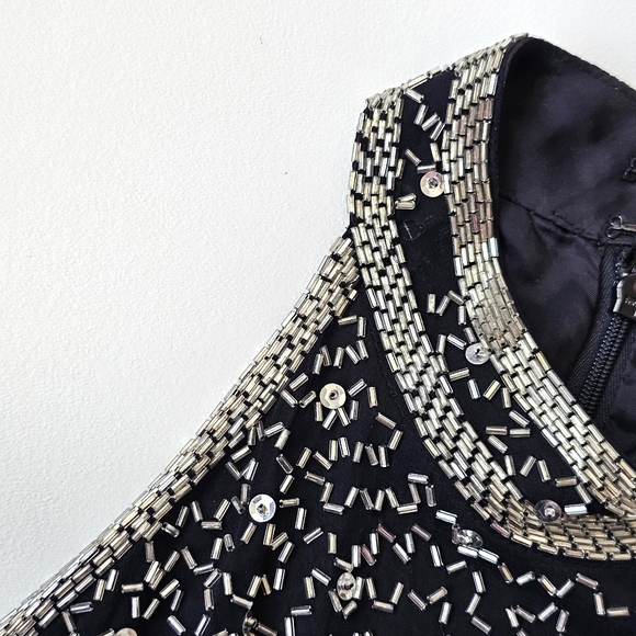 A.J. Bari Petites Silk Hand Beaded Fringe Cocktail Dress Black Silver Gatsby 20s - Picture 8 of 15